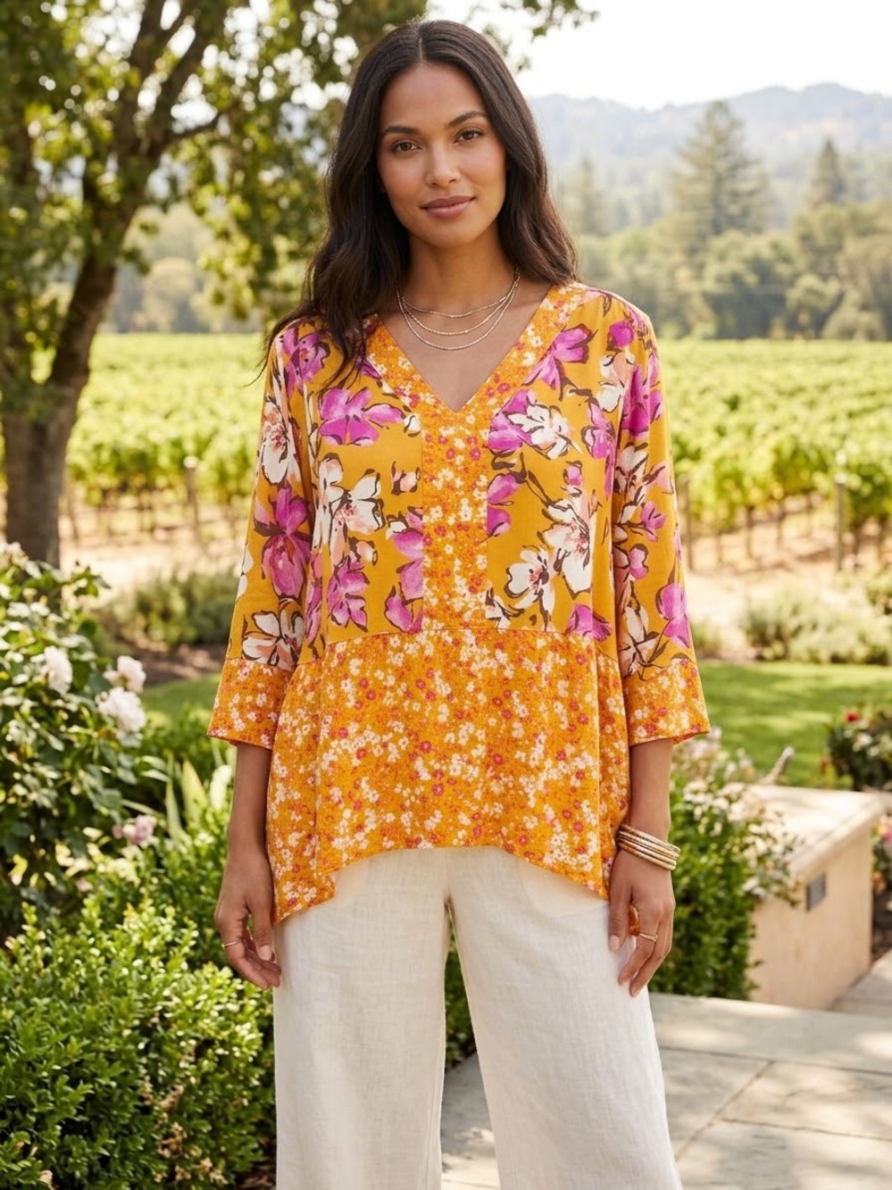 Isaac Mizrahi 2X Multi Print Floral V-Neck Tunic